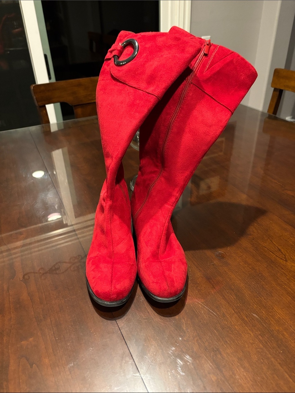 Impo Red Suede Knee high Boots with Ring Accent - Picture 2 of 12